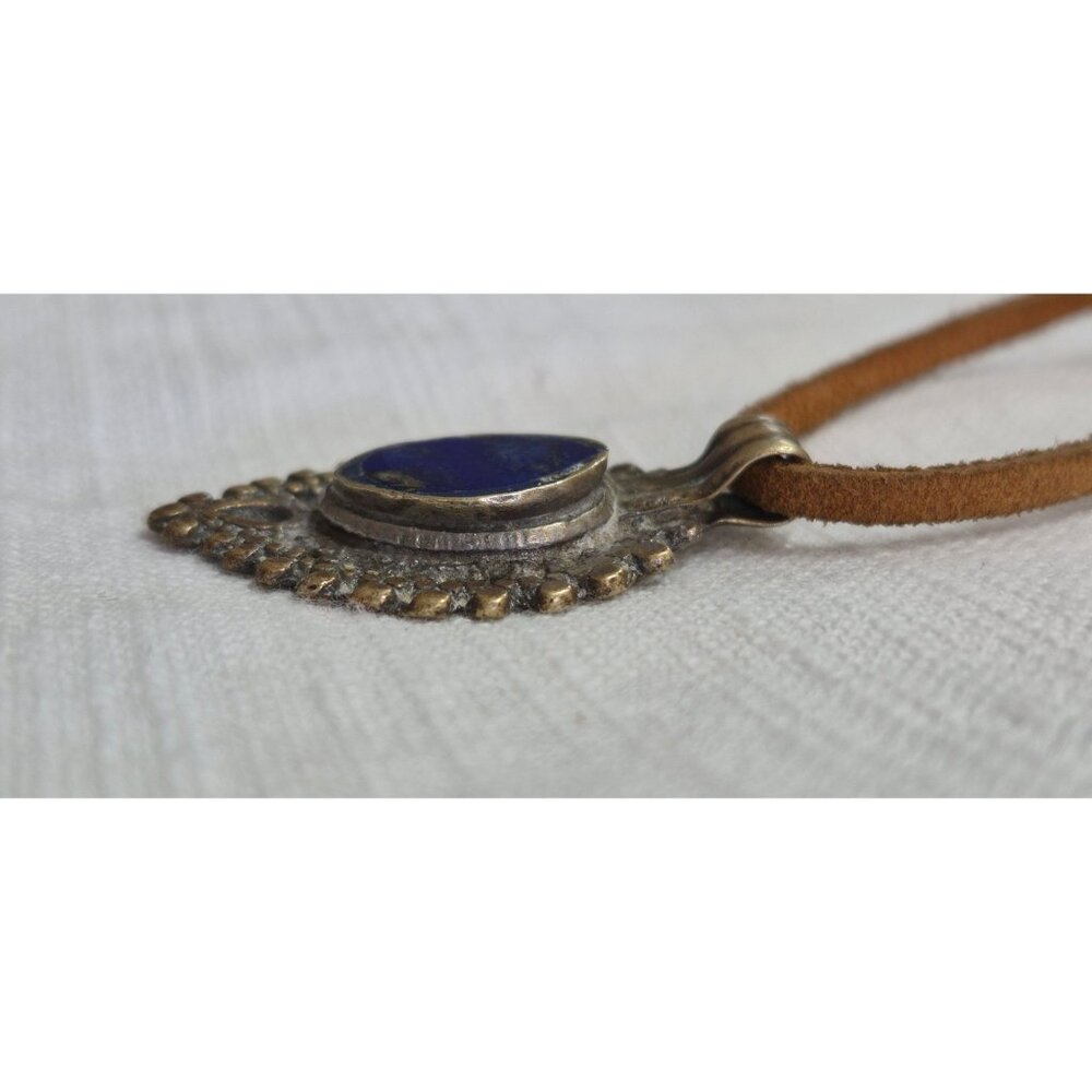 Antique Tribal-Style Blue Stone Pendant On Brown Leather Cord Necklace - Picture 9 of 14